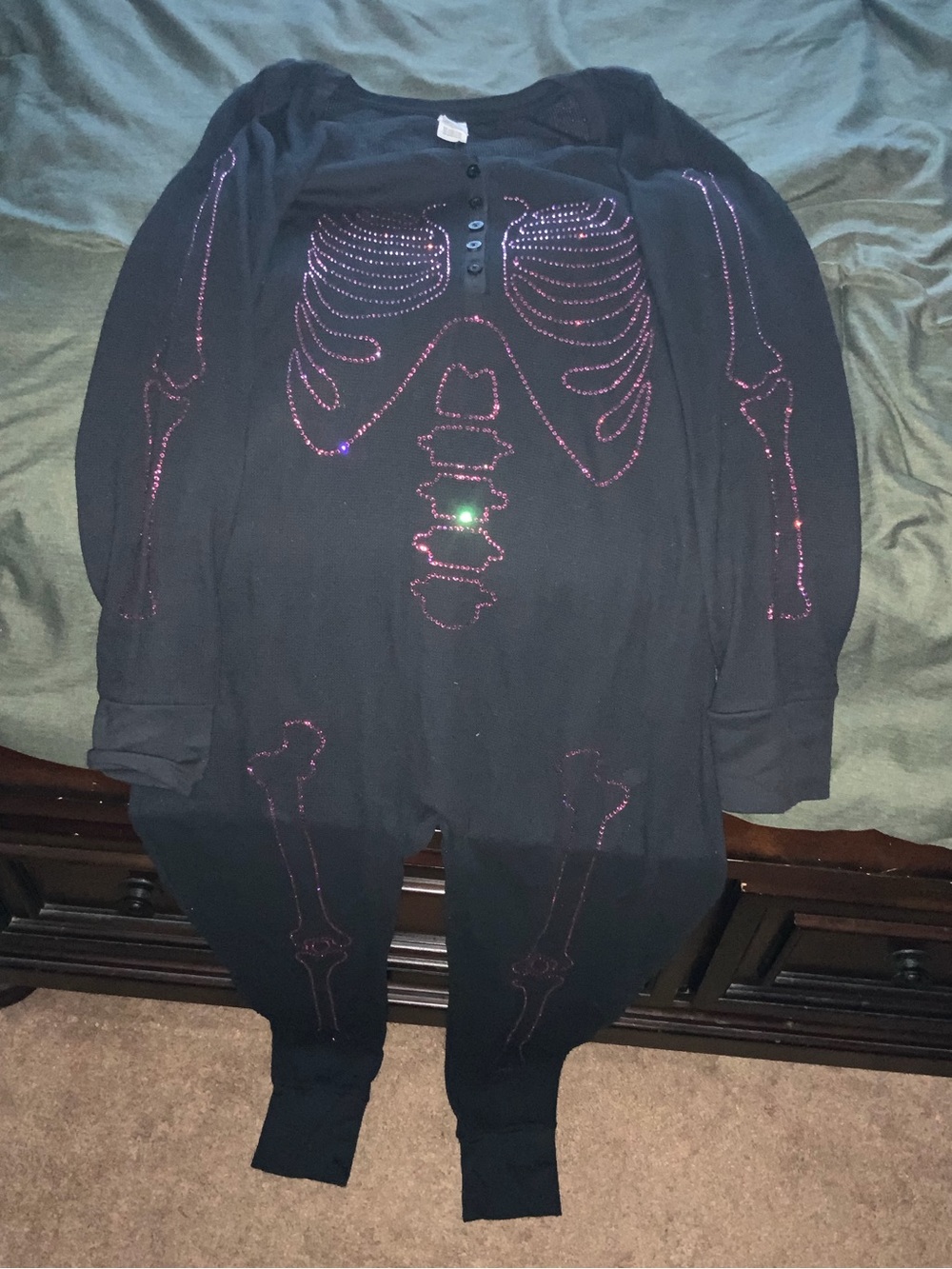 New , PINK Victoria's Secret Black Onesie Costume with Pink Rhinestone Skeleton